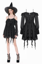 Load image into Gallery viewer, Gothic Black Chiffon Off-the-Shoulder Dress with Crescent Moon Charm and Layered Ruffle Hem DW1200