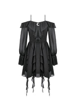 Load image into Gallery viewer, Gothic Black Chiffon Off-the-Shoulder Dress with Crescent Moon Charm and Layered Ruffle Hem DW1200