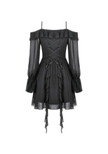 Load image into Gallery viewer, Gothic Black Chiffon Off-the-Shoulder Dress with Crescent Moon Charm and Layered Ruffle Hem DW1200