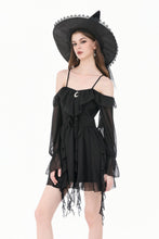 Load image into Gallery viewer, Gothic Black Chiffon Off-the-Shoulder Dress with Crescent Moon Charm and Layered Ruffle Hem DW1200