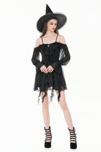 Load image into Gallery viewer, Gothic Black Chiffon Off-the-Shoulder Dress with Crescent Moon Charm and Layered Ruffle Hem DW1200