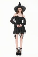 Load image into Gallery viewer, Gothic Black Chiffon Off-the-Shoulder Dress with Crescent Moon Charm and Layered Ruffle Hem DW1200