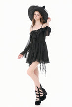 Load image into Gallery viewer, Gothic Black Chiffon Off-the-Shoulder Dress with Crescent Moon Charm and Layered Ruffle Hem DW1200