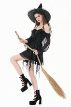 Load image into Gallery viewer, Gothic Black Chiffon Off-the-Shoulder Dress with Crescent Moon Charm and Layered Ruffle Hem DW1200