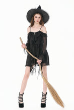 Load image into Gallery viewer, Gothic Black Chiffon Off-the-Shoulder Dress with Crescent Moon Charm and Layered Ruffle Hem DW1200