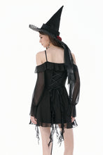 Load image into Gallery viewer, Gothic Black Chiffon Off-the-Shoulder Dress with Crescent Moon Charm and Layered Ruffle Hem DW1200