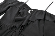 Load image into Gallery viewer, Gothic Black Chiffon Off-the-Shoulder Dress with Crescent Moon Charm and Layered Ruffle Hem DW1200