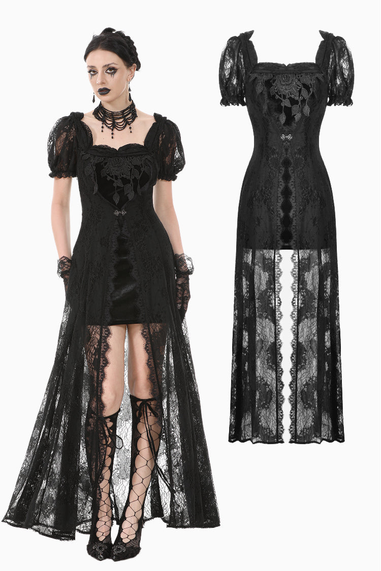 Gothic Faux Two-Piece Lace Velvet Rose Maxi Dress DW998