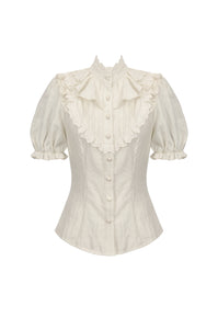 Vintage-Inspired Cotton-Linen Blouse with Sculpted Mushroom Buttons IW125