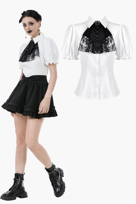 Gothic White Blouse with Lace Cravat & Jewel Brooch IW129