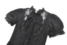 Load image into Gallery viewer, Vintage Lolita Blouse with Pinstripe Texture, Guipure Lace and Detachable Cameo Bow IW146BK