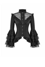 Load image into Gallery viewer, Victorian Gothic Blouse with Ruffled Collar and Layered Lace Bell Sleeves IW147