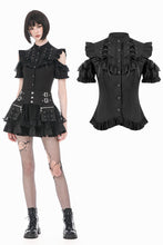 Load image into Gallery viewer, Victorian Gothic Black Blouse with Lace-up Detailing, Ruffled Stand Collar and Smocked Puff Sleeves IW151