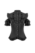 Load image into Gallery viewer, Victorian Gothic Black Blouse with Lace-up Detailing, Ruffled Stand Collar and Smocked Puff Sleeves IW151