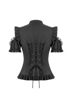 Load image into Gallery viewer, Victorian Gothic Black Blouse with Lace-up Detailing, Ruffled Stand Collar and Smocked Puff Sleeves IW151