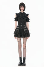 Load image into Gallery viewer, Victorian Gothic Black Blouse with Lace-up Detailing, Ruffled Stand Collar and Smocked Puff Sleeves IW151