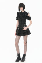 Load image into Gallery viewer, Victorian Gothic Black Blouse with Lace-up Detailing, Ruffled Stand Collar and Smocked Puff Sleeves IW151