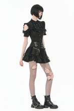 Load image into Gallery viewer, Victorian Gothic Black Blouse with Lace-up Detailing, Ruffled Stand Collar and Smocked Puff Sleeves IW151