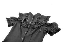 Load image into Gallery viewer, Victorian Gothic Black Blouse with Lace-up Detailing, Ruffled Stand Collar and Smocked Puff Sleeves IW151