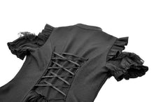 Load image into Gallery viewer, Victorian Gothic Black Blouse with Lace-up Detailing, Ruffled Stand Collar and Smocked Puff Sleeves IW151