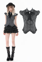 Load image into Gallery viewer, Gothic Striped blouse with Crow Emblem, Ruffled Wing Sleeves and Victorian Swallowtail Hem IW152