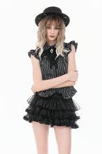 Load image into Gallery viewer, Gothic Striped blouse with Crow Emblem, Ruffled Wing Sleeves and Victorian Swallowtail Hem IW152