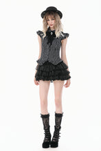 Load image into Gallery viewer, Gothic Striped blouse with Crow Emblem, Ruffled Wing Sleeves and Victorian Swallowtail Hem IW152