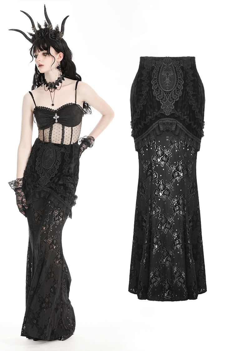 Gothic velvet patch lace elegant mermaid skirt KW347 – DARK