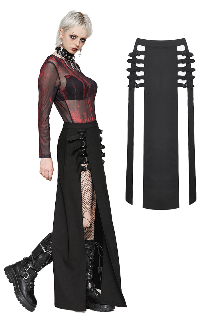 Punk Black Slit Metal Long Skirt KW367