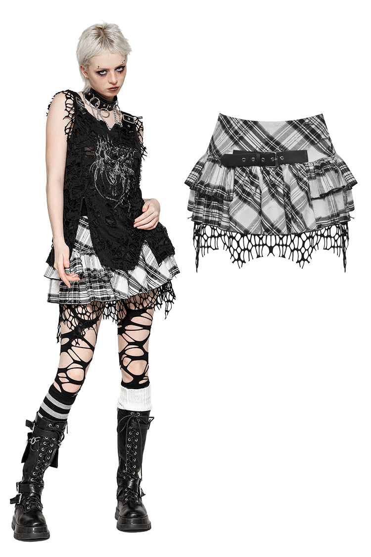 Punk Black and White Checkered Asymmetrical Messy Net Skirt KW373