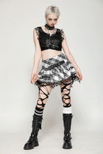 Load image into Gallery viewer, Punk Black and White Checkered Asymmetrical Messy Net Skirt KW373