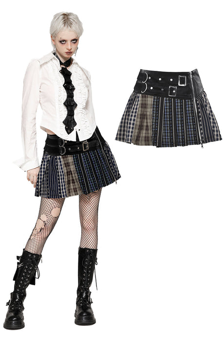 Colorful Plaid Patchwork Leather-Waist Skirt KW380