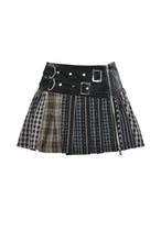 Load image into Gallery viewer, Colorful Plaid Patchwork Leather-Waist Skirt KW380