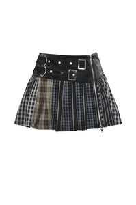 Colorful Plaid Patchwork Leather-Waist Skirt KW380