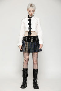 Colorful Plaid Patchwork Leather-Waist Skirt KW380