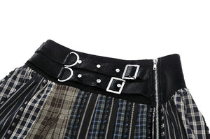 Colorful Plaid Patchwork Leather-Waist Skirt KW380