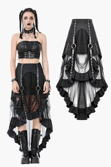 Metal Studded Punk Skirt with Mesh Tail and Pockets KW385