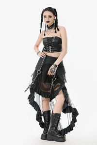 Metal Studded Punk Skirt with Mesh Tail and Pockets KW385