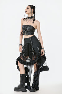 Metal Studded Punk Skirt with Mesh Tail and Pockets KW385