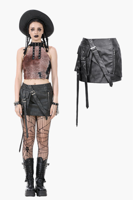 Battle-Ready Punk Skirt with Grommet Straps and Star Charm KW387