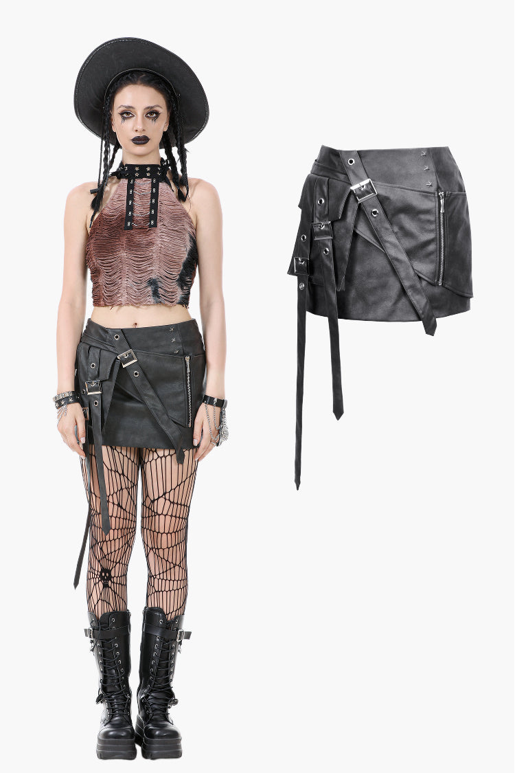 Battle-Ready Punk Skirt with Grommet Straps and Star Charm KW387