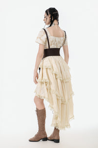 Steampunk Ruffled Skirt with Pleated Trim and Adjustable Waist KW394