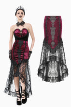Load image into Gallery viewer, High-Low Gothic Skirt in Glossy Velvet with Floral Lace Trim KW397