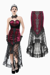 High-Low Gothic Skirt in Glossy Velvet with Floral Lace Trim KW397