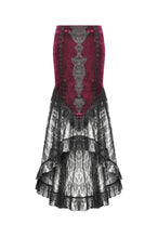 Load image into Gallery viewer, High-Low Gothic Skirt in Glossy Velvet with Floral Lace Trim KW397