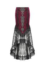 High-Low Gothic Skirt in Glossy Velvet with Floral Lace Trim KW397