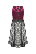 High-Low Gothic Skirt in Glossy Velvet with Floral Lace Trim KW397