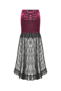 High-Low Gothic Skirt in Glossy Velvet with Floral Lace Trim KW397