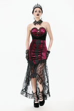 Load image into Gallery viewer, High-Low Gothic Skirt in Glossy Velvet with Floral Lace Trim KW397