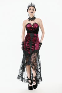 High-Low Gothic Skirt in Glossy Velvet with Floral Lace Trim KW397